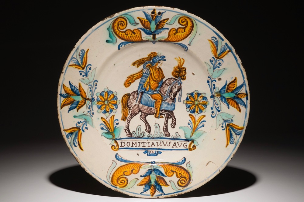 A polychrome dish with a Roman emperor on horseback, poss. Spanish, Barcelona, 17/18th C.